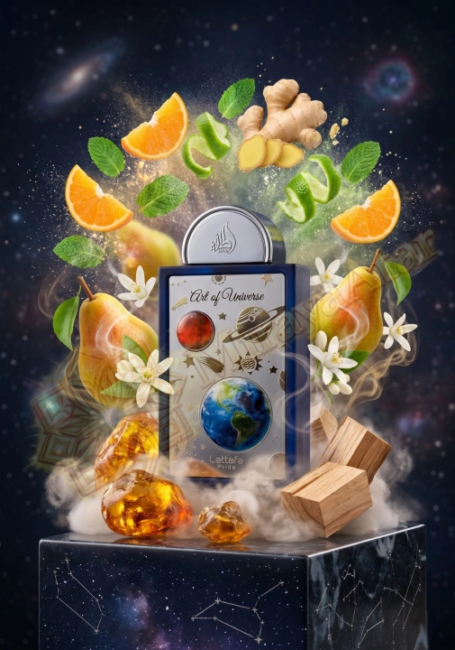 Odlewka Art of Universe w Miraya Atar zachwyca świeżą, cytrusowo-owocową kompozycją. Pomarańcza, limonka, gruszka i imbir łączą się z miętą oraz białymi kwiatami, opierając się na ciepłej bazie z piżma, bursztynu i cedru.