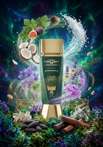 Odlewka Cosmic Giardino jest dostępna w Miraya Atar, zachwycając zielono-kwiatową kompozycją. Słodka figa, kokos i kryształki soli łączą się z gałązkami lawendy, fiołkiem oraz geranium na bazie z bobu tonka i nut drzewnych.