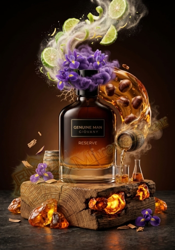 Odlewka Genuine Man Giovany Reserve w Miraya Atar zachwyca głęboką, drzewno-gourmand kompozycją. Bergamotka łączy się z pudrowym irysem, kasztanami i akordem whisky z beczki na bazie z whisky i drewna.