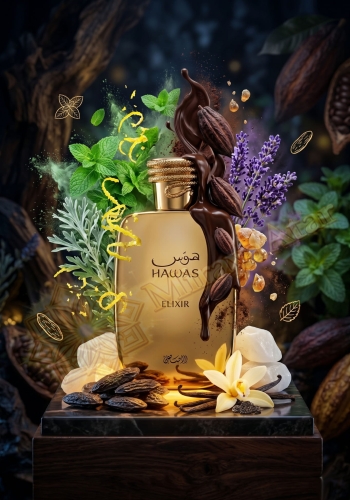 Odlewka Hawas Elixir jest dostępna w Miraya Atar, zachwycając bogatą kompozycją. Świeża mięta i skórka cytryny łączą się z lawendą oraz kremowym kakao, opierając się na głębokiej bazie z wanilii, bobu tonka i piżma.