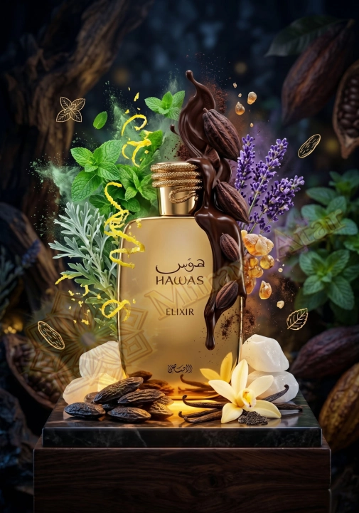 Odlewka Hawas Elixir jest dostępna w Miraya Atar, zachwycając bogatą kompozycją. Świeża mięta i skórka cytryny łączą się z lawendą oraz kremowym kakao, opierając się na głębokiej bazie z wanilii, bobu tonka i piżma.
