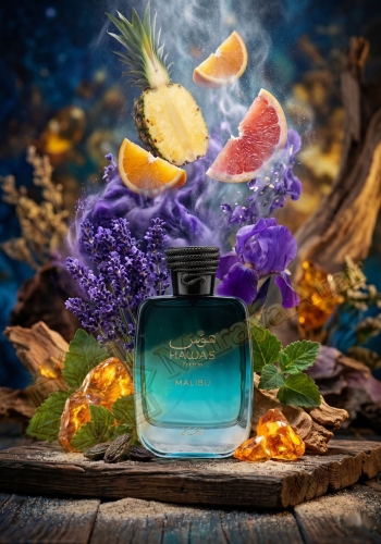 Odlewka Hawas Malibu jest dostępna w Miraya Atar, zachwycając energetyzującą kompozycją. Egzotyczny ananas, grejpfrut i pomarańcza łączą się z aromatyczną lawendą oraz irysem na ciepłej bazie z  piżma, paczuli i bobu tonka.