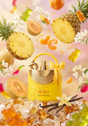 Odlewka Nudo Tutti Frutti jest w Miraya Atar. Soczysty ananas, melon i tangeryna łączą się ze słodkimi żelkami oraz jaśminem na apetycznej bazie z cukru i laski wanilii, tworząc niezwykle radosny, beztroski zapach gourmand.