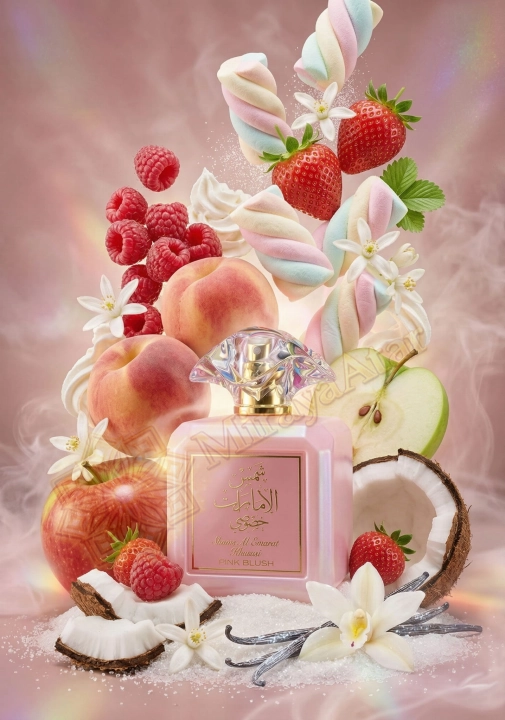 Shams Al Emarat Pink Blush są dostępne w Miraya Atar – to słodka fuzja pianek marshmallow, soczystej truskawki i jabłka z kremowym kokosem. Ten radosny zapach typu gourmand zachwyca lekkością i apetycznym aromatem na każdą okazję.