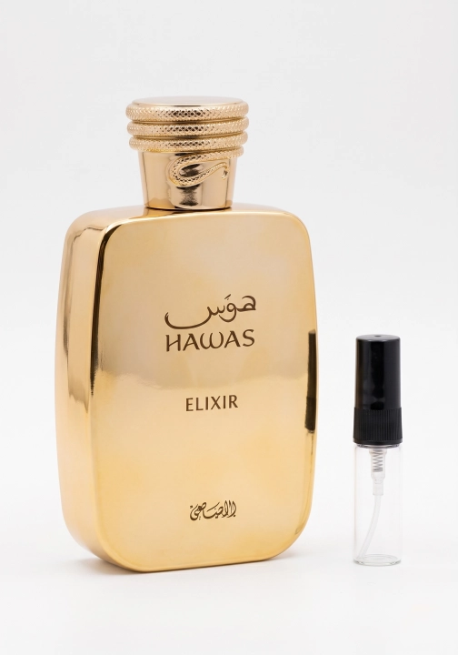 Odlewka Hawas Elixir jest dostępna w Miraya Atar, zachwycając bogatą kompozycją. Świeża mięta i skórka cytryny łączą się z lawendą oraz kremowym kakao, opierając się na głębokiej bazie z wanilii, bobu tonka i piżma.