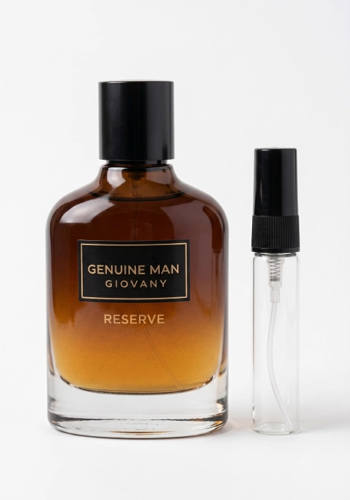 Odlewka Genuine Man Giovany Reserve w Miraya Atar zachwyca głęboką, drzewno-gourmand kompozycją. Bergamotka łączy się z pudrowym irysem, kasztanami i akordem whisky z beczki na bazie z  whisky i drewna.