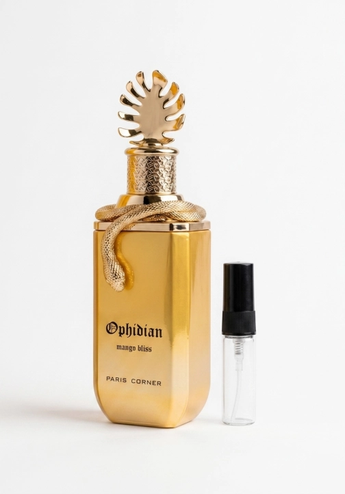 Odlewka Ophidian Mango Bliss jest dostępna w Miraya Atar zachwyca tropikalno-drzewną kompozycją. Soczyste mango, cytryna, imbir i jagody łączą się z jaśminem na głębokiej bazie z agaru (oud), cypriolu, bursztynu oraz piżma.