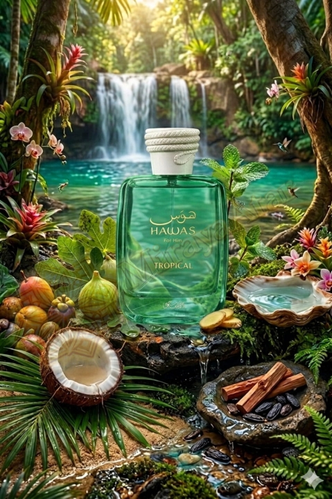 Odlewka Hawas Tropical jest dostępna w Miraya Atar – to egzotyczna fuzja świeżej figi, kokosa i mięty, osadzona na drzewnej bazie. Ten orzeźwiający, tropikalny zapach o niesamowitej trwałości idealnie przenosi w klimat wakacyjnego raju.