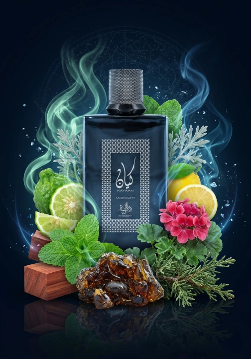 Odlewka Kayaan Midnight jest dostępna w Miraya Atar. Świeża bergamotka, cytryna, mięta i bylica łączą się z cedrem, geranium oraz zielonymi nutami na głębokiej bazie z sandałowca i labdanum, tworząc wyrazisty, męski zapach.