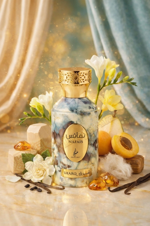 Odlewka Nafais Sharq jest dostępna w Miraya Atar. Gardenia, wanilia i morela łączą się z gruszką, frezją i białym drewnem na bazie z wanilii bourbon, piżma oraz bursztynu, tworząc zmysłową, owocowo-kwiatową kompozycję.