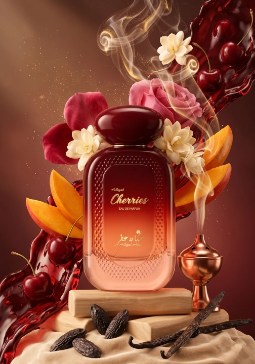 Odlewka Hekayat Cherries jest dostępna w Miraya Atar. Likier wiśniowy i mango łączą się z różą turecką, jaśminem i kadzidłem na bazie z wanilii, tonki i sandałowca. Głęboki zapach gourmand.
