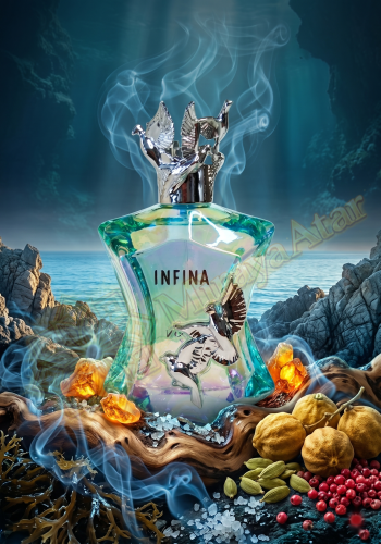 Perfumy Infina są dostępne w Miraya Atar. Bergamotka, kardamon, nuty morskie i różowy pieprz łączą się z drewnem kaszmirowym, kadzidłem oraz nutami bursztynowymi na bazie z mchu i piżma, tworząc niezwykle świeży zapach.