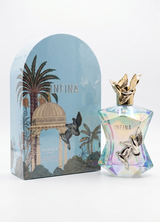 Perfumy Infina są dostępne w Miraya Atar. Bergamotka, kardamon, nuty morskie i różowy pieprz łączą się z drewnem kaszmirowym, kadzidłem oraz nutami bursztynowymi na bazie z mchu i piżma, tworząc niezwykle świeży zapach.