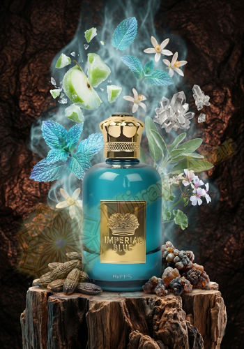 Odlewka Imperial Blue jest dostępna w Miraya Atar. Jabłko, mięta i kwiat pomarańczy łączą się z geranium, szałwią muszkatołową i ambrofixem na bazie z fasolki tonka, drzewa sandałowego i kadzidła. To świeży, elegancki zapach.