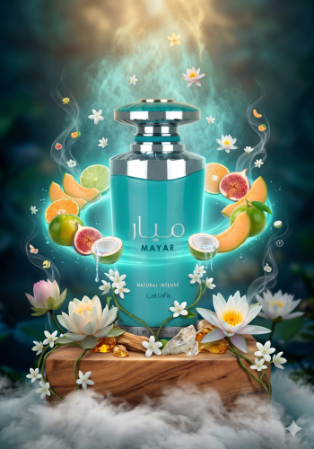 Odlewka Mayar Natural Intense jest dostępna w Miraya Atar. Zielona mandarynka, figa, melon i woda kokosowa łączą się z lotosem, lilią wodną oraz jaśminem na bazie z piżma, ambroksanu, sandałowca i wanilii. To świeży, wodno-owocowy zapach.