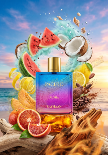 Perfumy Rayhaan Pacific Aloha są dostępne w Miraya Atar. Czerwona pomarańcza, melon i cytryna łączą się z arbuzem oraz kokosem na bazie z nut morskich, drzewa bursztynowego i kakao. To niezwykle radosny, letni i tropikalny zapach.