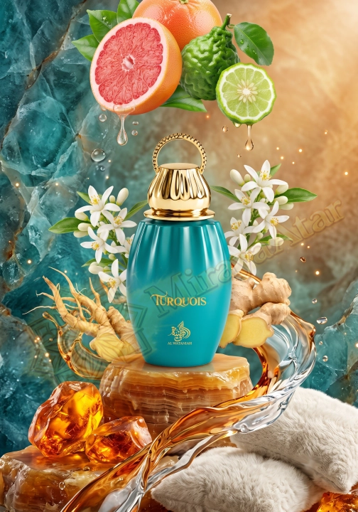 Odlewka Turquois (Al Wataniah) jest dostępna w Miraya Atar. Grejpfrut i bergamotka łączą się z imbirem oraz neroli na bazie z bursztynu i piżma. To niezwykle świeży, cytrusowy i energetyzujący zapach.