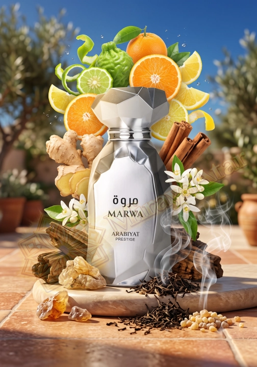 Odlewka Marwa (Arabiyat Prestige) jest dostępna w Miraya Atar. Cytrusy łączą się z imbirem, cynamonem i neroli na bazie z ambroksanu, czarnej herbaty, kadzidła oraz drzewa gwajakowego. To świeży i przyprawowy zapach.