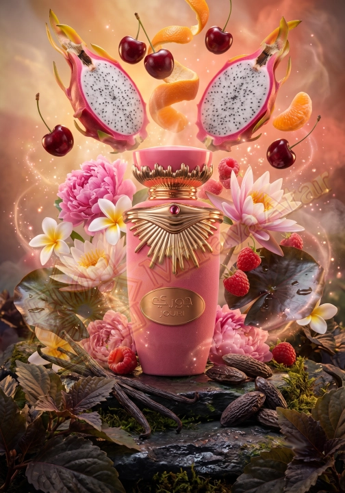 Odlewka Jouri jest dostępna w Miraya Atar. Pitahaya, wiśnia i pomarańcza łączą się z piwonią, lilią wodną, plumerią i maliną na bazie z paczuli, wanilii oraz tonki. To niezwykle radosny, owocowo-kwiatowy i słodki zapach.