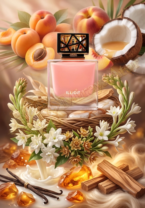 Odlewka Illicit (Aurora Scents) jest dostępna w Miraya Atar. Morela, kokos i brzoskwinia łączą się z jaśminem, davaną oraz tuberozą na bazie z piżma, wanilii, sandałowca, amyrisu, bursztynu i mleka. To niezwykle kremowy, owocowy i otulający zapach.