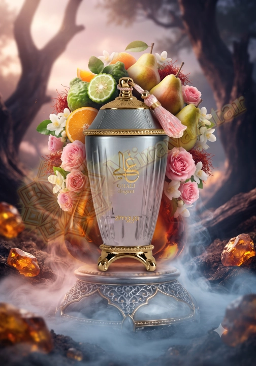 Odlewka Ghali Elegant jest dostępna w Miraya Atar. Bergamotka, pomarańcza i gruszka łączą się z szafranem, różą, piżmem oraz kwiatem pomarańczy na bazie z drewna sandałowego, wanilii, bursztynu i nut drzewnych.
