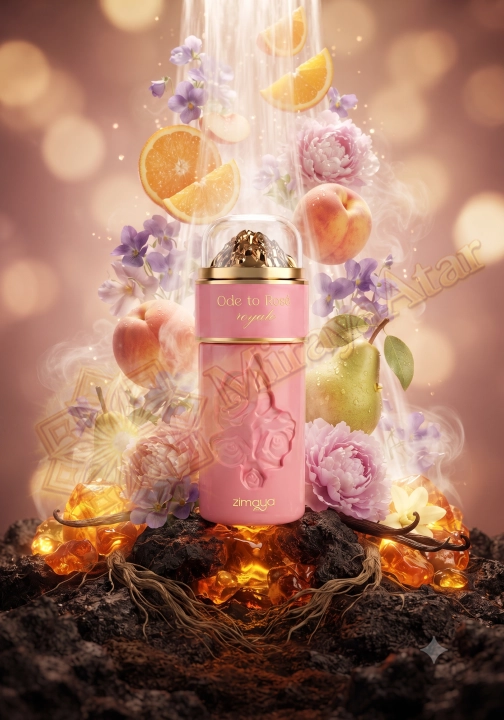 Odlewka Ode to Rosé Royale jest dostępna w Miraya Atar. Pomarańcza, brzoskwinia i gruszka łączą się z fiołkiem, piwonią oraz piżmem na bazie z wanilii, wetywerii i bursztynu.