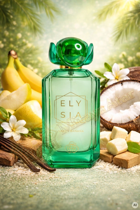 Odlewka Elysia Sweet Banana jest dostępna w Miraya Atar – to tropikalna fuzja banana, kremowego kokosa i gruszki, otulona ciepłą wanilią i akcentem białych kwiatów. Ten radosny, słodki zapach gourmand zachwyca swoją egzotyczną świeżością i lekkością.
