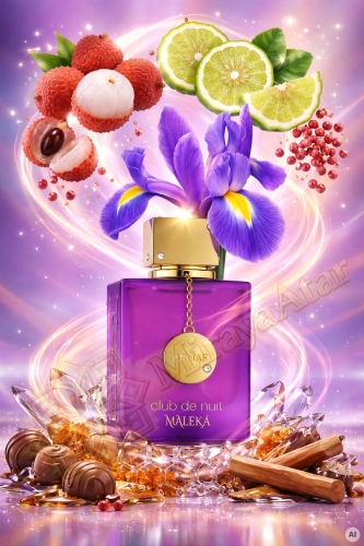 Odlewka Club de Nuit Maleka jest dostępna w Miraya Atar – to urzekająca fuzja litchi, bergamotki i różowego pieprzu, rozkwitająca eleganckim irysem. Słodka baza z pralin, cynamonu i bursztynu nadaje całości głęboki, zmysłowy charakter.jpg