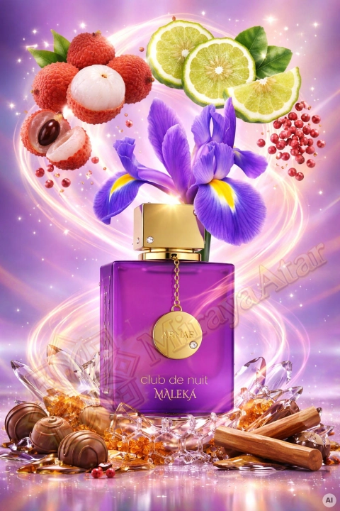Odlewka Club de Nuit Maleka jest dostępna w Miraya Atar – to urzekająca fuzja litchi, bergamotki i różowego pieprzu, rozkwitająca eleganckim irysem. Słodka baza z pralin, cynamonu i bursztynu nadaje całości głęboki, zmysłowy charakter.jpg