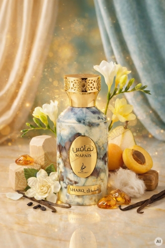 Odlewka Nafais Sharq jest dostępna w Miraya Atar. Gardenia, wanilia i morela łączą się z gruszką, frezją i białym drewnem na bazie z wanilii bourbon, piżma oraz bursztynu, tworząc zmysłową, owocowo-kwiatową kompozycję.