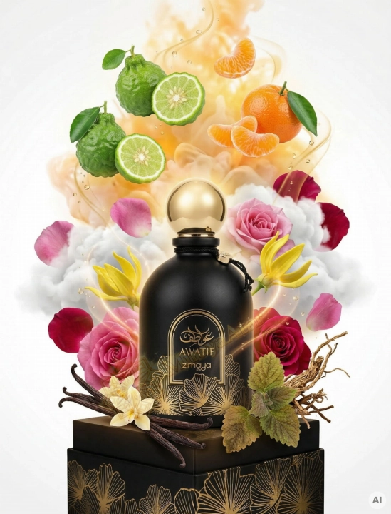 Odlewka Awatif Pour Femme jest dostępna w Miraya Atar. Bergamotka i mandarynka łączą się z piżmem, różą oraz ylang-ylang na bazie z wanilii i paczuli, tworząc elegancki, zmysłowy zapach.