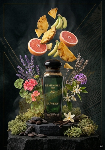 Odlewka Remember Me Noir jest dostępna w Miraya Atar. Ananas, banan i grejpfrut łączą się z lawendą, geranium oraz kwiatem pomarańczy na bazie z wanilii, mchu dębowego i fasolki tonka, tworząc unikalny zapach.