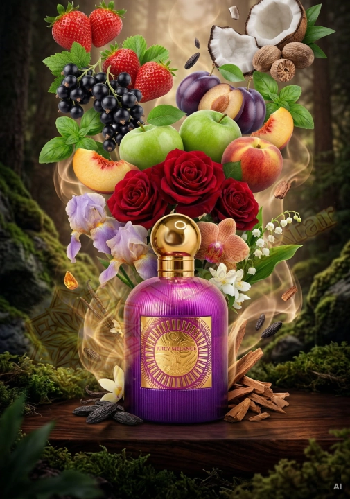 Odlewka Juicy Melange jest w Miraya Atar. Truskawka, śliwka, kokos i zioła łączą się z różą, orchideą i jaśminem na bogatej bazie z wanilii, piżma, ambry oraz drzewnych nut, tworząc niezwykle złożony, owocowo-kwiatowy zapach.