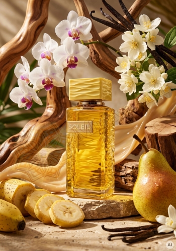 Odlewka Eau de Soleil jest w Miraya Atar. Słodki banan i gruszka łączą się z orchideą oraz jaśminem wielkolistnym na ciepłej bazie z wanilii i drzewa sandałowego, tworząc niezwykle słoneczny, radosny i otulający zapach.