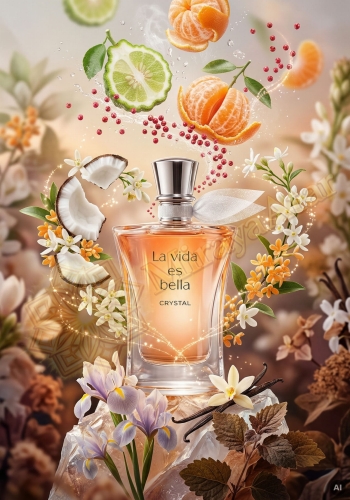 Odlewka La vida es bella Crystal jest w Miraya Atar. Bergamotka, mandarynka i różowy pieprz łączą się z tropikalnym kokosem, kwiatem pomarańczy oraz jaśminem na bazie z irysa, paczuli i wanilii, tworząc niezwykle elegancki, promienny zapach.