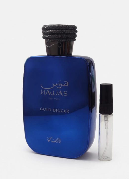 Odlewka Hawas Gold Digger jest dostępna w Miraya Atar. Bergamotka, lawenda, gruszka i mięta łączą się z cynamonem oraz szałwią na bazie z paczuli, cedru, wanilii i bursztynu.