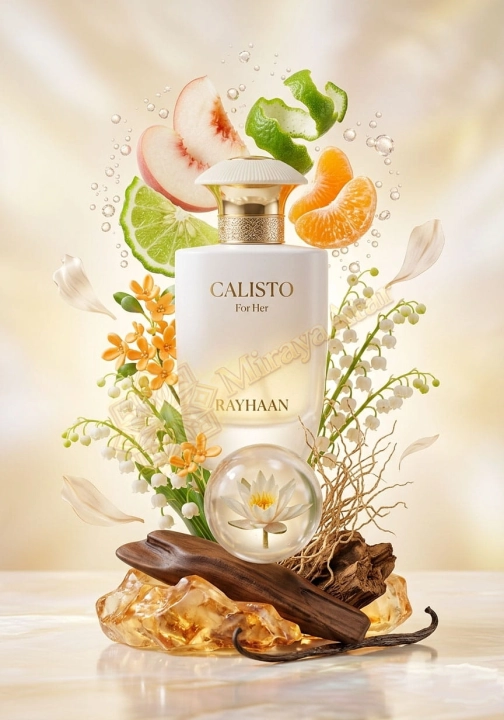 Odlewka Calisto For Her jest dostępna w Miraya Atar. Brzoskwinia, aldehydy i cytrusy łączą się z konwalią, kwiatem pomarańczy i wetywerią na bazie z piżma, ambroksanu, akigalawood i wanilii, tworząc świetlistą, elegancką kompozycję.