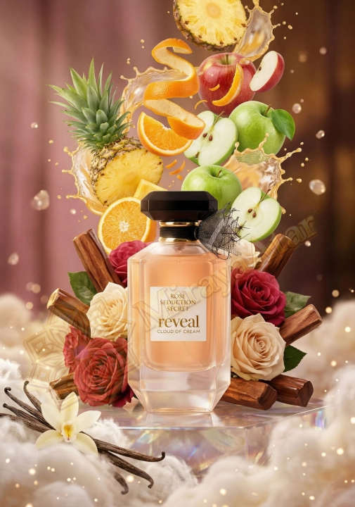 Odlewka Rose Seduction Secret Reveal Cloud of Cream jest w Miraya Atar. Nuty owocowe, ananas, pomarańcza i jabłko łączą się z drzewem sandałowym oraz różą na bazie z wanilii i piżma, tworząc niezwykle kremowy zapach.