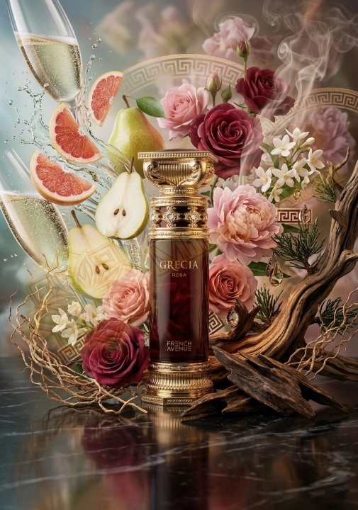 Odlewka Grecia Rosa jest dostępna w Miraya Atar. Rześki grejpfrut, szampan i gruszka łączą się z piwonią, jaśminem, różą i olibanum na głębokiej bazie z cedru, wetywerii oraz agaru (oud), tworząc niezwykle wyrafinowany zapach.