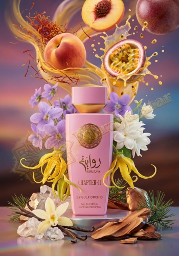 Odlewka Riwaya Chapter II jest w Miraya Atar. Szafran, brzoskwinia i marakuja łączą się z fiołkiem, jaśminem oraz ylang-ylang na bazie z wanilii, ambroksanu i cedru, tworząc niezwykle zmysłowy, owocowo-kwiatowy zapach.