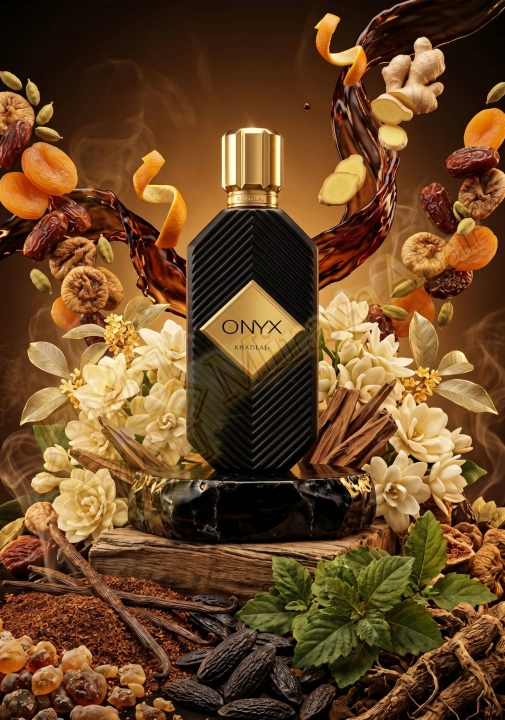 Odlewka Onyx Gold jest w Miraya Atar. Rum, gorzka pomarańcza, imbir i kardamon łączą się z suszonymi owocami, sandałowcem i białymi kwiatami na głębokiej bazie z wanilii, mirry, paczuli i tonki, tworząc bogaty zapach.