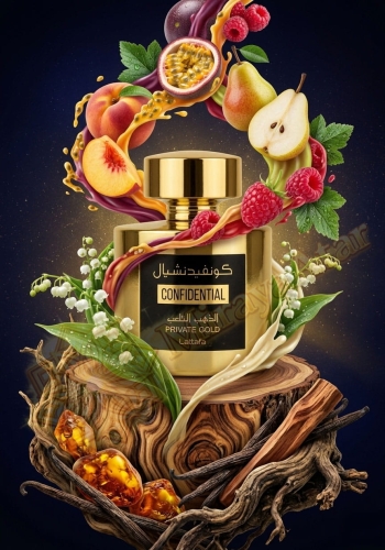 Odlewka Confidential Private Gold jest dostępna w Miraya Atar, zachwycając owocową kompozycją. Marakuja, brzoskwinia, gruszka i maliny łączą się z delikatną konwalią, opierając się na ciepłej bazie z wanilii,  paczuli i nut drzewnych.