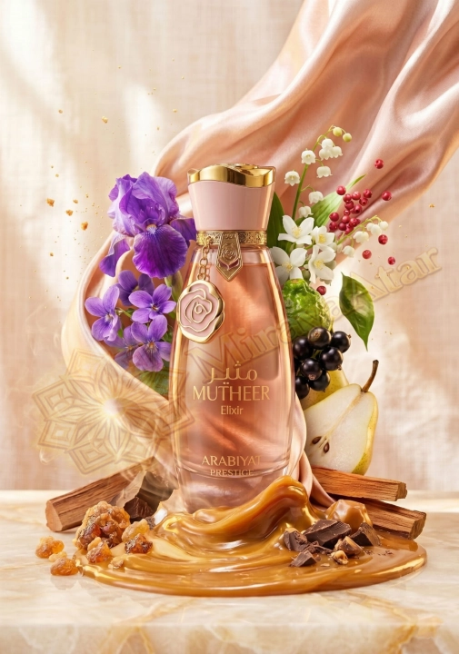 Odlewka Mutheer Elixir jest do kupienia w sklepie Miraya Atar, zachwycając wykwintną, słodką kompozycją. Soczysta gruszka i czarna porzeczka łączą się z eleganckim irysem, konwalią, płynnym karmelem oraz czekoladą, tworząc niezwykle zmysłowy zapach.