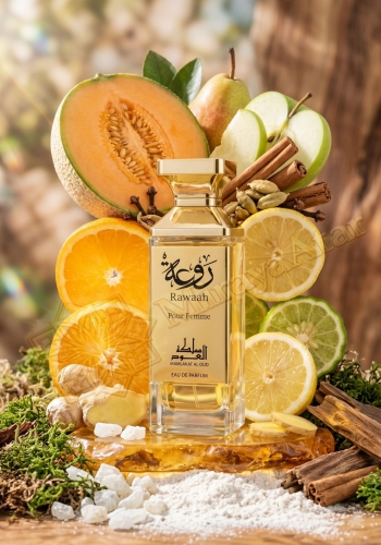Odlewka Rawaah Pour Femme jest dostępna w Miraya Atar, zachwycając owocowo-korzenną kompozycją. Melon, pomarańcza, cytryna i jabłko łączą się z imbirem, cynamonem i goździkami na ciepłej bazie z nut drzewnych.