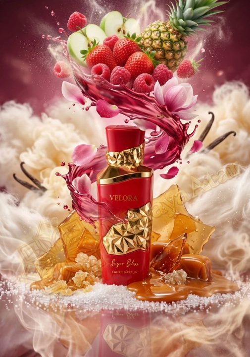Odlewka Velora Sugar Bliss w Miraya Atar zachwyca radosną, owocowo-gourmand kompozycją. Truskawka, malina, ananas i zielone jabłko łączą się z płatkami kwiatów, opierając się na słodkiej bazie z ciągnącego się karmelu, cukru i puszystej wanilii.