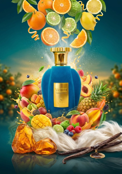 Odlewka Voux Turquoise w Miraya Atar zachwyca bogatą, owocowo-tropikalną kompozycją. Słodkie mango, ananas, brzoskwinia i owoce leśne łączą się z bergamotką, pomarańczą i cytryną na bazie z wanilii, bursztynu oraz puszystego piżma.