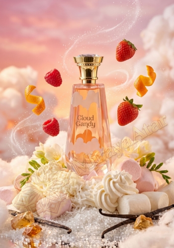 Odlewka Cloud Candy jest dostępna w Miraya Atar, zachwycając swoją puszystą kompozycją gourmand. Soczyste truskawki, maliny i skórka pomarańczy łączą się z piankami marshmallow, bitą śmietaną i białymi kwiatami na ciepłej bazie z wanilii i cukru.